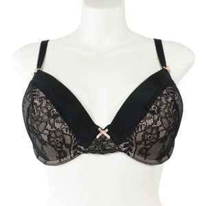 Gilligan & O'Malley Black Floral Lace Over Nude Push Up Padded Underwire Bra 36D